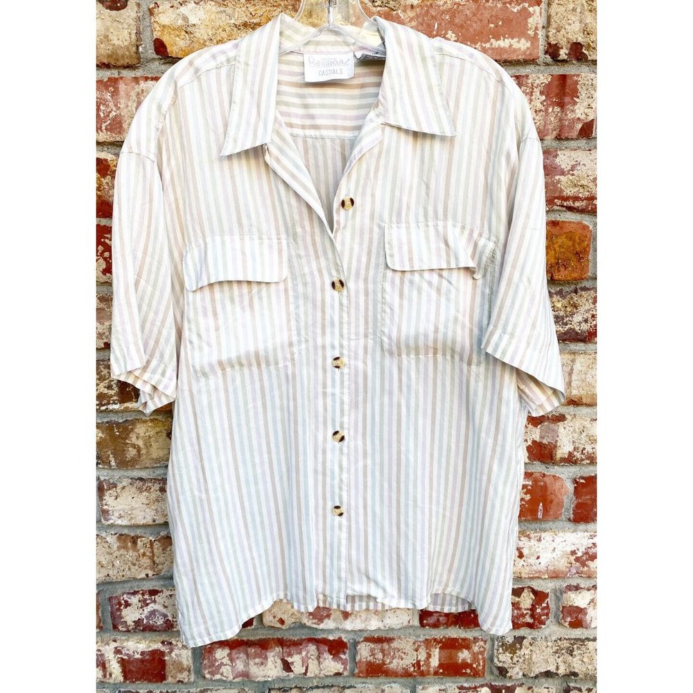 VTG Reitmans Medium 100% Silk Striped Pastel Neutral Short Sleeve Blouse EUC